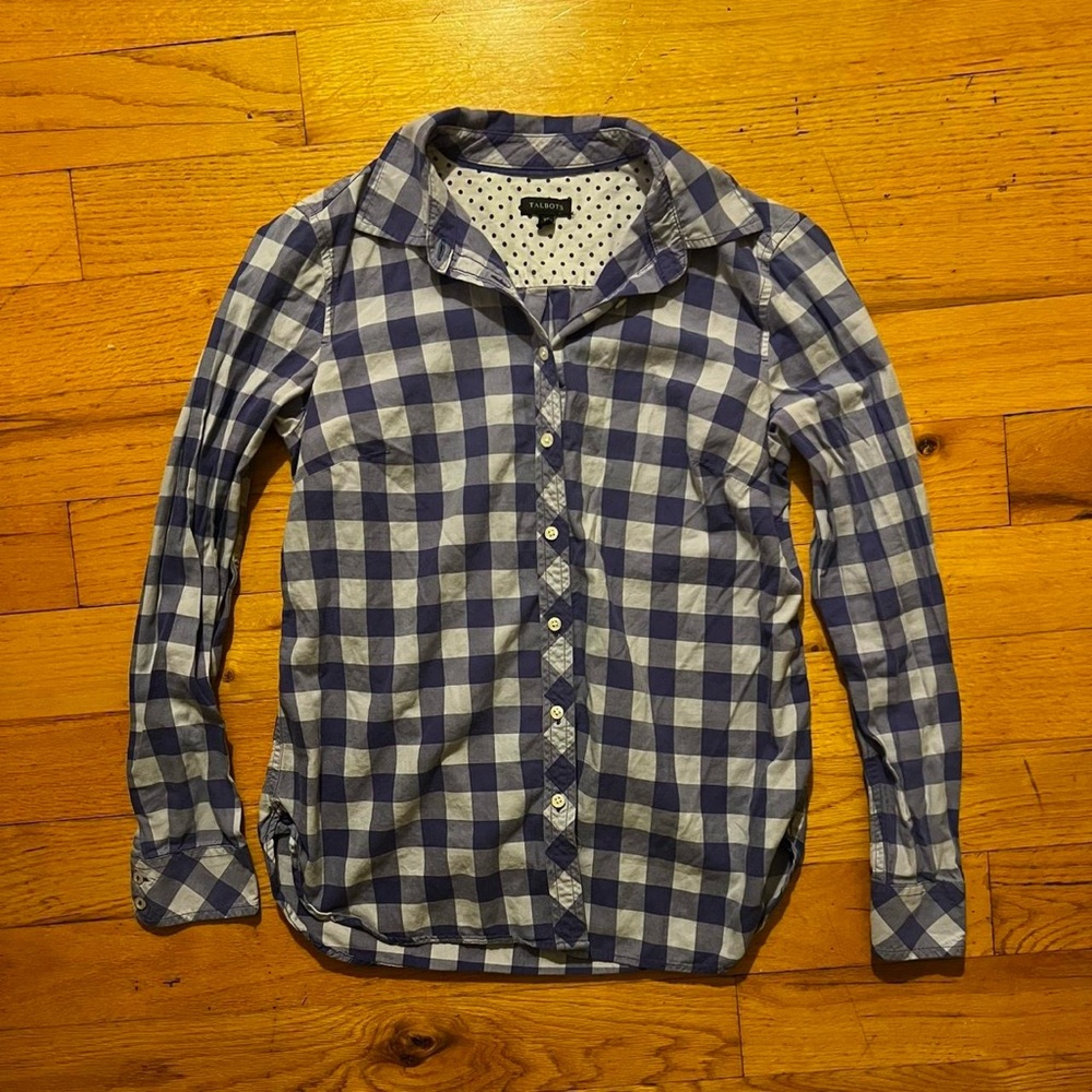 Talbots 2000s Vintage Twee Purple and White Plaid Button Up Blouse